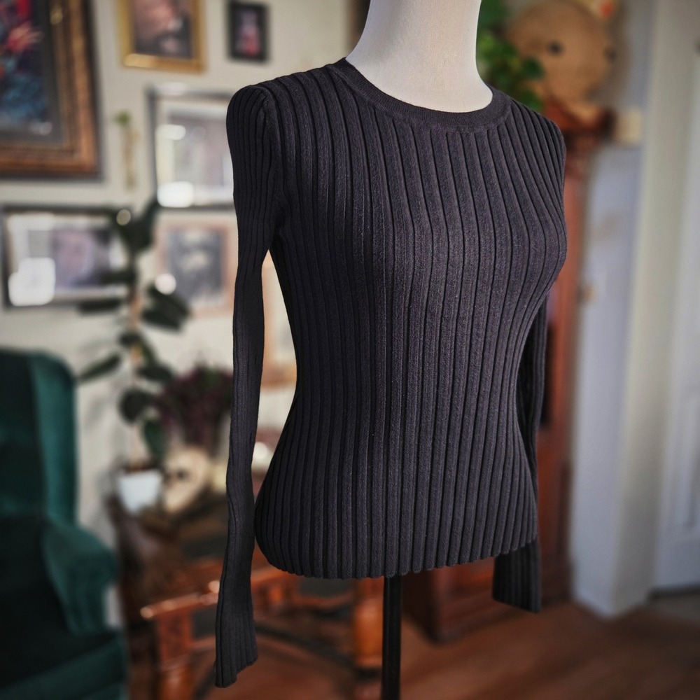 Quince Ribbed Top Black Cashmere Cotton Blend Long Sleeve Crew Neck Sweater M 78